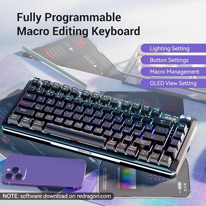 Redragon K708 Pro Wireless Mechanical Gaming Keyboard - Gasket-Mounted RGB Backlit, 81 Customizable Keys, 3-Mode (2.4G/Bluetooth/USB), Hot-Swap Pre-Lubed Switches, Screen & Control Knob - Black