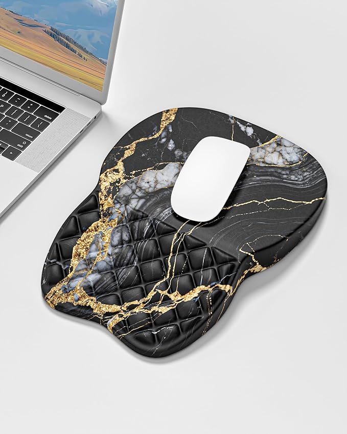 Auhoahsil Ergonomic Mouse Pad with Wrist Rest, Comfortable Slope Computer Mouse Mat with Wrist Support, Memory Foam Filling, Non-Slip Silicone Base, Pain Relief for Gaming Work, 8" x 12", Black Marble