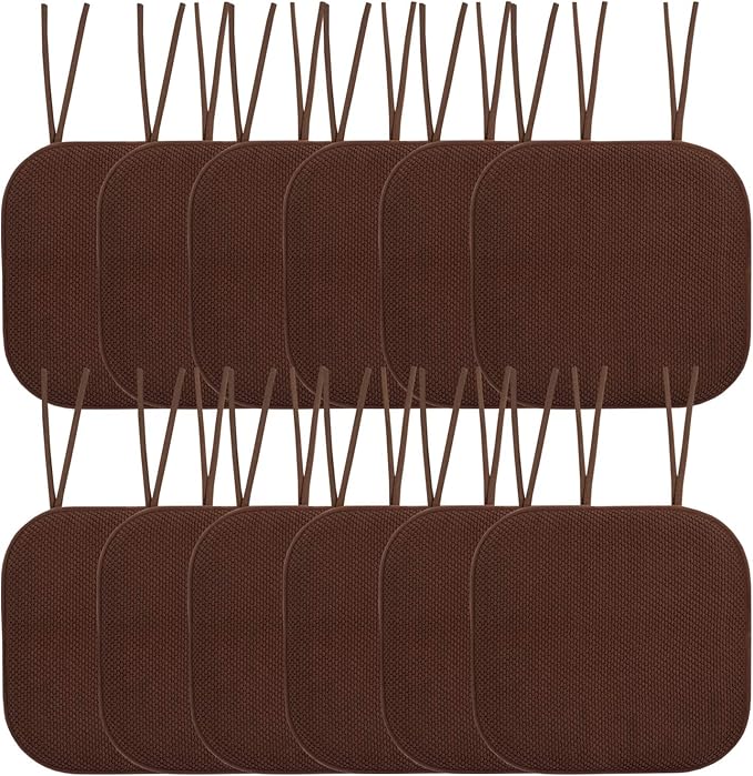 Sweet Home Collection Chair Cushion Memory Foam Pads with Ties Honeycomb Pattern Slip Non Skid Rubber Back Rounded Square 16" x 16" Seat Cover, 12 Pack, Chocolate Brown 12 Pack