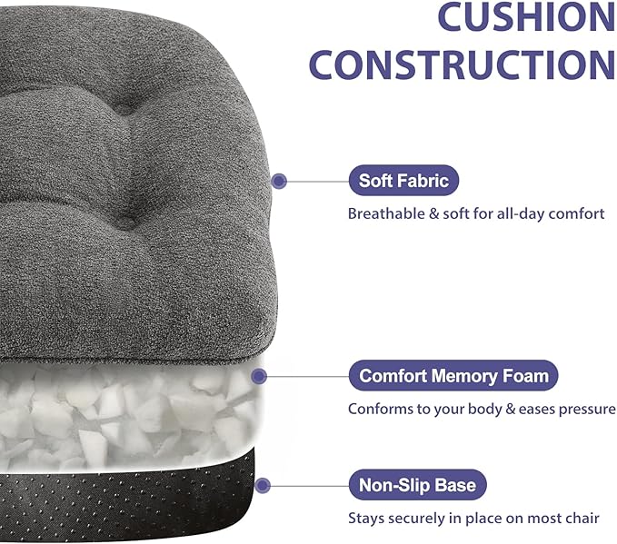 Chair Cushions Set of 6 for Dining Chairs, 16.5"x15.5" Kitchen Chair Pads with Memory Foam, Non-Slip Bottom & Ties, Tufted Indoor Seat Cushions for Home Use – Dark Grey