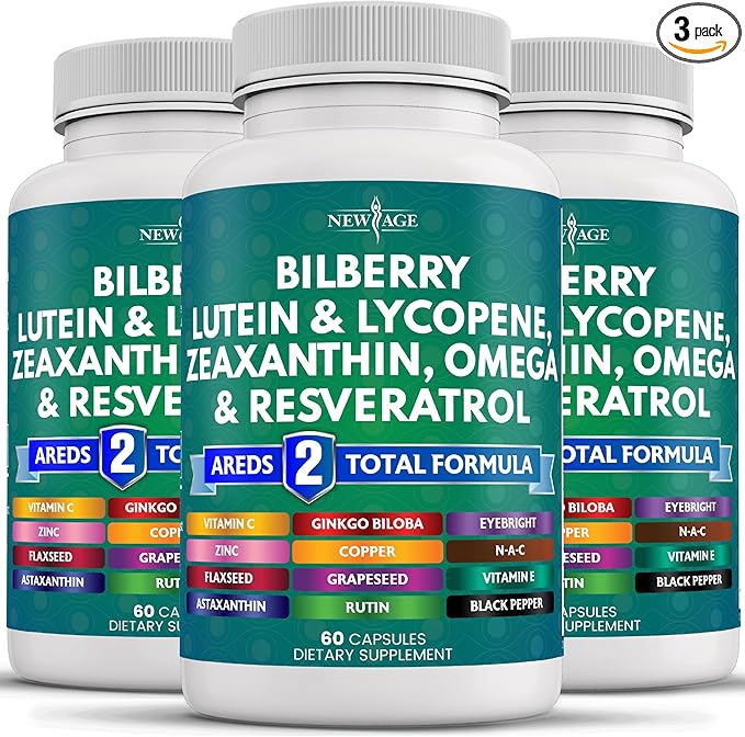 NEW AGE Eye Health Vitamins with Bilberry Lutein & Zeaxanthin Lycopene Resveratrol Grape Seed Extract Astaxanthin - Eye Vitamin - 180 Count
