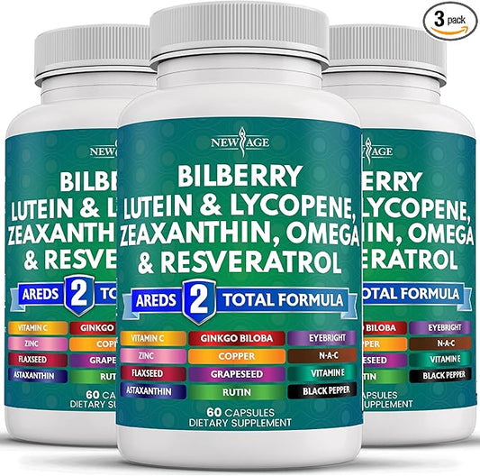 NEW AGE Eye Health Vitamins with Bilberry Lutein & Zeaxanthin Lycopene Resveratrol Grape Seed Extract Astaxanthin - Eye Vitamin - 180 Count