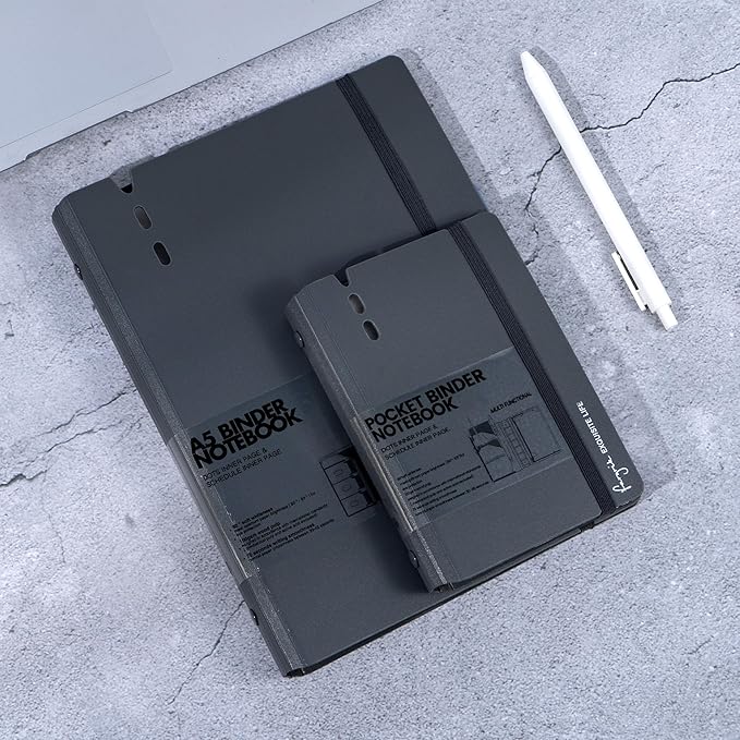 CAGIE A5 Binder 6 Ring Notebook with Dividers Refillable Planner Binder with Pockets, Refill Paper Include Planning Square Ruled and Dotted Pages, 7 x 9.25 in, (Grey and Grey, A7 & A5 Dot Page)