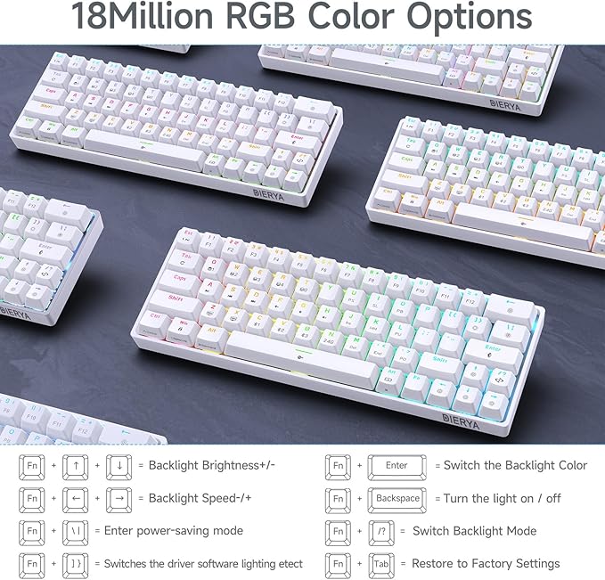 DIERYA DK63 60% Wireless Mechanical Gaming Keyboard | Bluetooth/2.4G/Wired | RGB Backlit | Anti-Ghosting Compact 63-Keys Mini Keyboard | with Red Switch | for Windows Laptop PC Gamer Typist-White