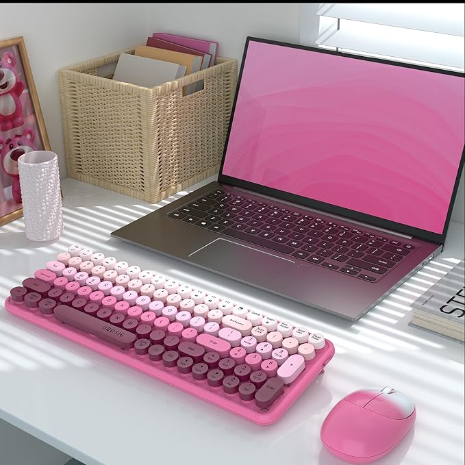 Wireless Keyboards and Mouse Combos, UBOTIE Colorful Gradient Rainbow Colored Retro Typewriter Flexible Keyboard, 2.4GHz Connection and Optical Mouse(Rosy Gradient)