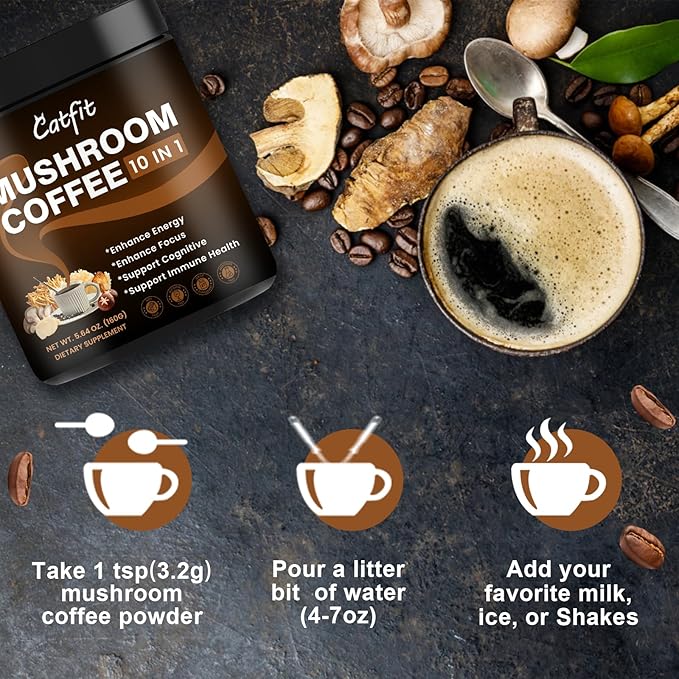 Mushroom Coffee Powder, 10 Mushroom Blend Supplements with Lion's Mane, Chaga, Cordyceps, L-Theanine for Energy, Focus, Cognitive and Immunity, 50 Serving