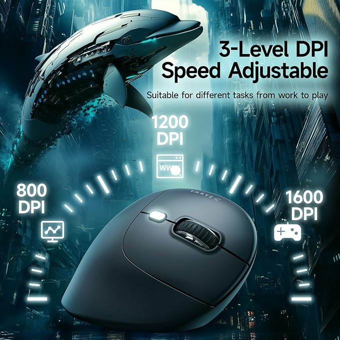 SANWA Multi Device Ergonomic Vertical Mouse, Silent Click, 5 Programmable Buttons, 2 Bluetooth 5.0 + 2.4G Wireless Ergo Mice for Medium Large Hands, Compatible with Windows, Mac OS, Laptop, PC, Black