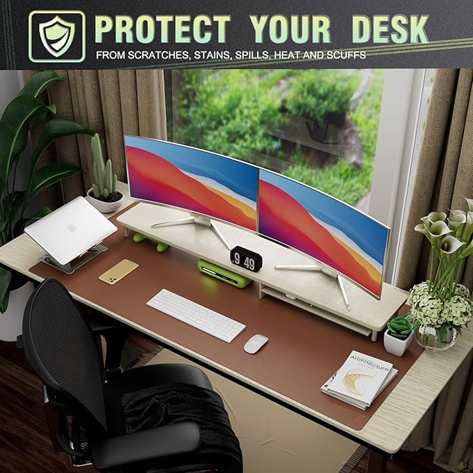 K KNODEL Large Office Leather Desk Mat, Mouse and Keyboard Pad, Computer and Laptop Mat, Desktop Protector and Cover, Writing Pad and Blotter (47.2"x23.6", Brown)