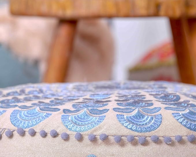 Large Round Floor Pillow Cover Blue Indian Décorative Accent Meditation Cushion Perfect for Living Room, Bedroom, Nursary or Children Room Seating Area Stool Footstool Pouf Ottoman 24x8 Unstuffed