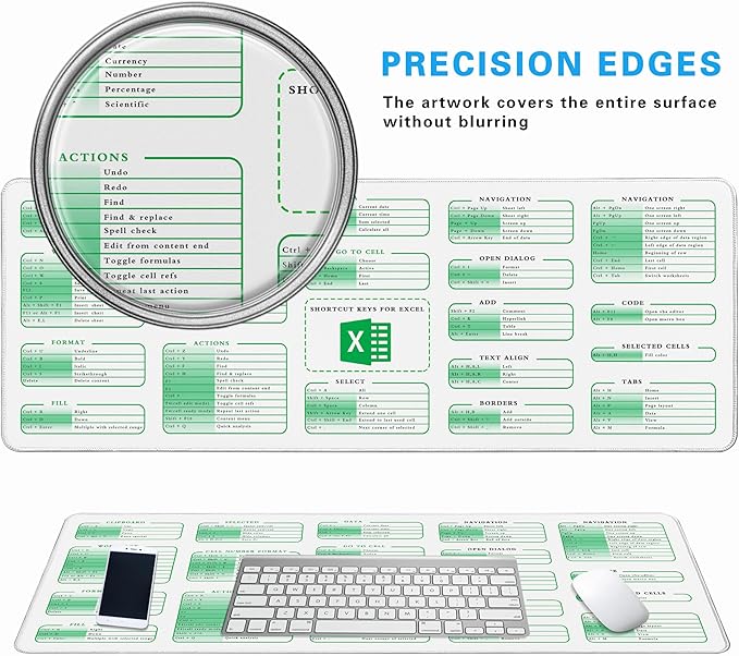 Excel Cheat Sheet Desk Pad, 31.5"x11.8", Waterproof Extra Large Excel Shortcut Mat with Stitched Edges, Anti-Slip Excel Mouse Pad for Office Desk, MS Excel/Word Shortcuts (White Excel)