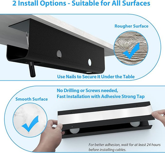 ZhiYo 2 Pack Large Capacity Cable Management Tray 31.5in (2xL15.7in), Thick PVC Under Desk Cable Tray Kit with 4 Cable Clips & 5 Ties, Standing Cord Management Desk Organizer for Office or Home, Black