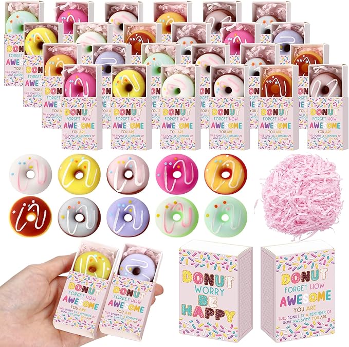 Wettarn 24 Sets Appreciation Donut Gifts Cute Stress Balls with Support Gift Boxes Inspirational Party Favors for Employee Coworker Friends Office Positive Stress Relief Toys