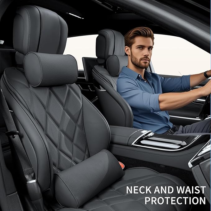 Lumbar Support Pillow for Car Seat and Office Chair, Gaming Chair, Ergonomic Memory Foam Back Cushion Lower Back Pain Relief, Luxury Leather Back Support Pillow, Black, 1 Pack