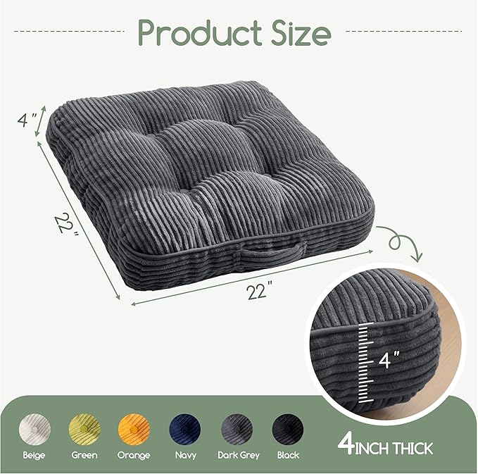 Washable Floor Pillow Cushion for Adults, Meditation Cushion Pillow, Large Square Floor Sitting, Removable Tufted Corduroy Cover, for Tatami Living Room or Yoga, 22x22 Inch, 2Pack, Machine Washable