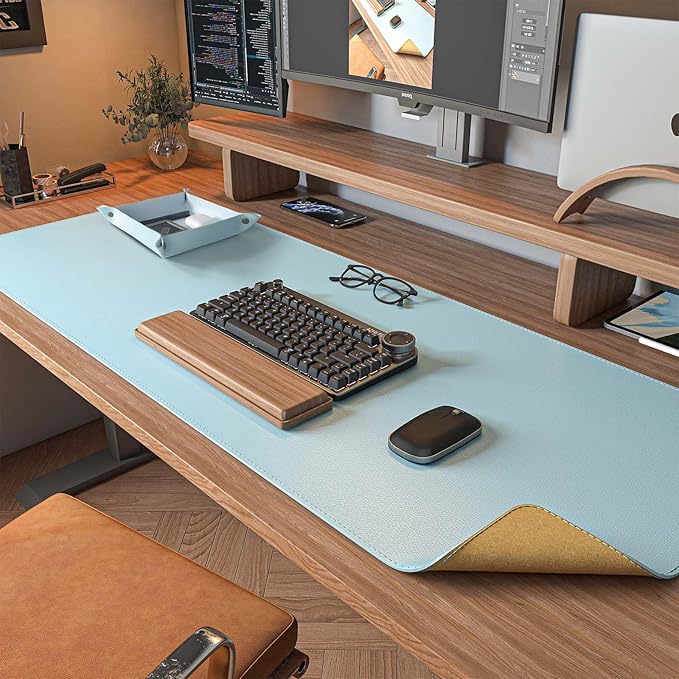 DAWNTREES Dual Sided Desk Mat,Leather Desk Pad,40"x16",Cork Desk Mat Protector,with PU Leather Valet Tray Organizer,Large Mouse Pad,Desk Writing Pad for Office and Home(Light Blue)