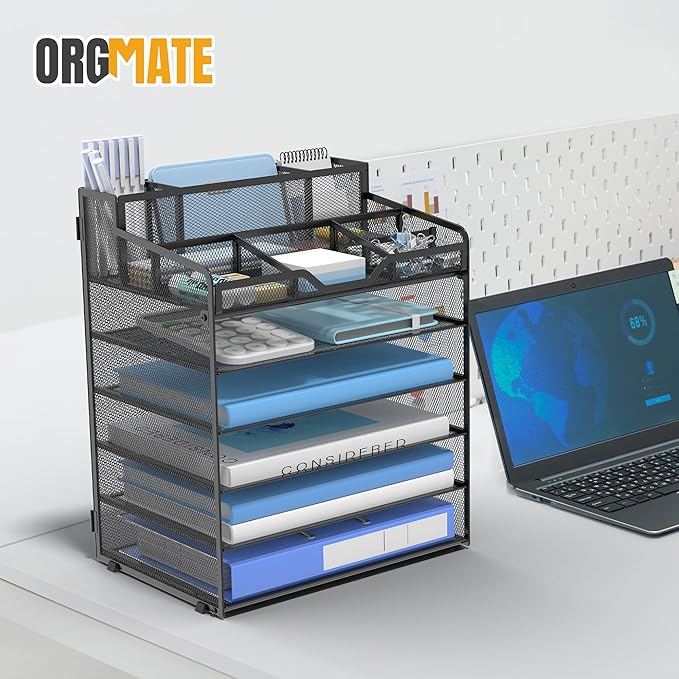 6 Tier Mesh Desk Organizer,Multi Functional Letter Paper Tray with 3 Pen Holders and 5 Adjustable Storage Compartments for Office Supplies Files and Mail Space Saving Desktop Organizer-Black