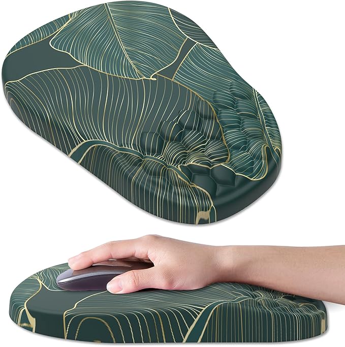 Ergonomic Mouse Pad Wrist Support, with Memory Foam & Non-Slip PU Base, Comfortable Massage Design Mouse Pad Relieve Wrist Fatigue&Pain, Suitable for Computer, Office and Home(05Green Leaves)
