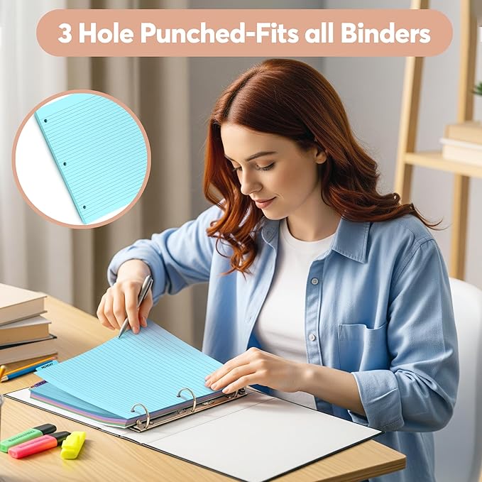 Colored Notebook Paper – 8.5 x 11, 150 Sheets – Thick 80 gsm College Ruled Colorful Loose Leaf Filler Paper – 3-Hole Punched Binder Papers for School, Office, and Journaling (Pastel)