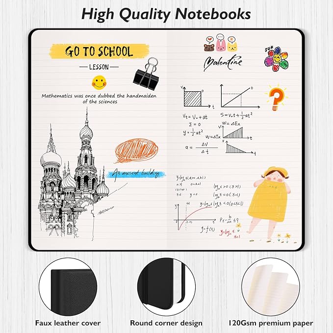 Huhuhero Lined Journal Notebooks for Work, Hardcover Leather Journals for Writing Women Men, 120Gsm Thick Paper College Ruled Notebook, Office School Supplies, 5.25"×8.25" (1, Matte Black)