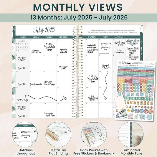 bloom daily planners 2025-2026 Academic Year Daily Planner (July 2025 - July 2026) - A5 Weekly & Monthly Calendar Agenda Organizer Book with Stickers - 5.5" x 8.25" - Boho Greenery