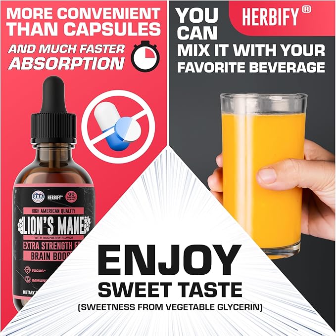 HERBIFY Lions Mane Supplement - Daily Mushroom Supplement for Memory, Focus & Clarity - Brain Booster - Lions Mane Tincture for Natural Immune Support - 4 Fl Oz Raspberry Flavor