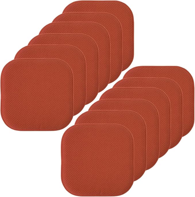 Sweet Home Collection Chair Cushion Memory Foam Pads Honeycomb Pattern Slip Non Skid Rubber Back Rounded Square 16" x 16" Seat Cover, 12 Pack, Rust