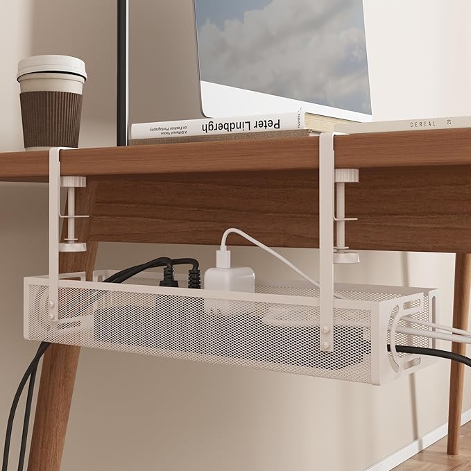 Under Desk Cable Management Tray - Management Organizers Holder, Management Under, No Drill to Desk Cable Raceway, Under Storage for Office, Kitchens, Home (White)