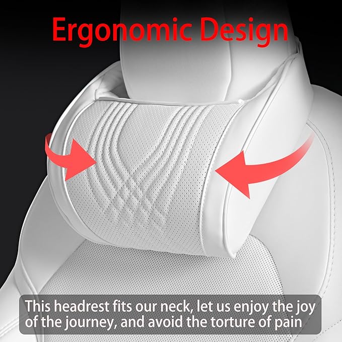 Car Headrest Memory Foam Neck Pillow for Driving with Leather Cover Soft Comfortable Seat Head Pillow Cushion for Most Cars SUV Sedan Home Office, White, 1PC