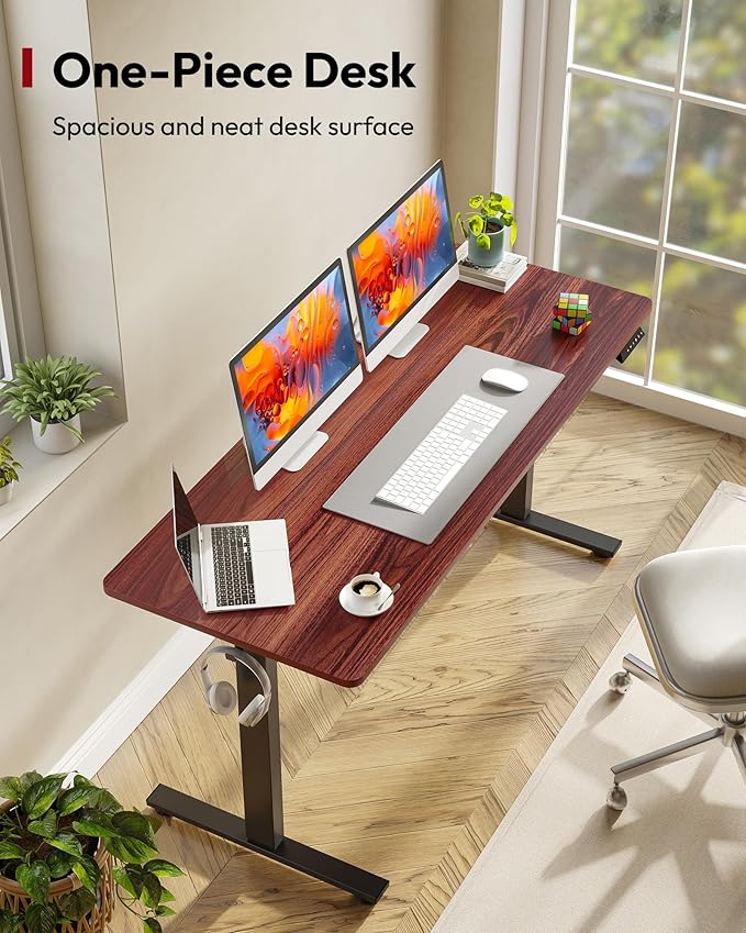 SANODESK Electric Standing Desk 60 x 24 Inches Whole-Piece Desktop Height Adjustable Stand Up Desk w/6-Button Controller Ergonomic Computer Desk for Home Office, Black Frame + Mahogany Tabletop