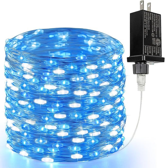 66Ft 200 LED Fairy Lights Plug in, Waterproof String Lights Outdoor & Indoor 8 Modes Christmas Lights Bedroom Decor, Timer Twinkle Light for Girl's Room Garden Party Christmas Decorations (Blue&White)