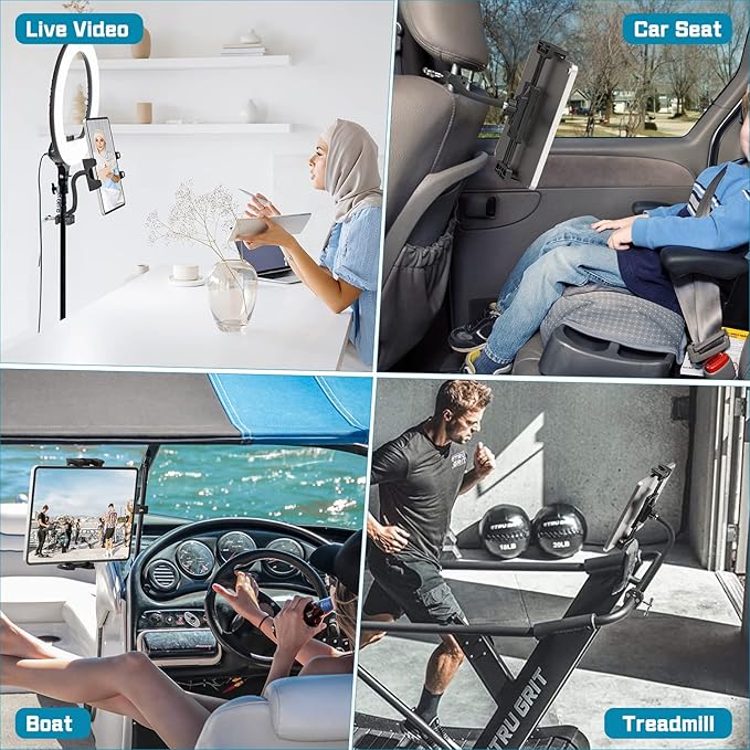 Tablet Holder for Treadmill, Gooseneck Spin Bike & Peloton Handlebar Tablet Clamp Mount Compatible with 4.7–12.9" Tablets, Perfect for Home Gym, Exercise Bike, Stroller, and Indoor Cycling