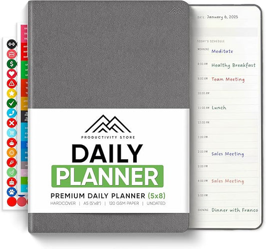 Daily Planner 2025 (5" x 8") - The Ultimate Daily Workflow Planner with Hourly Schedule & Task List to Achieve Your Goals by PRODUCTIVITY STORE (A5, Grey)