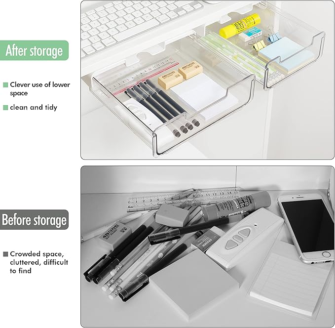 2 Pack Adhesive Under Desk Drawer Organizer Slide Out Attachment, Attachable Clear Acrylic Hidden Shelf Storage With Phone Stand, Add A Mounted Pull Out Tray For Cabinet, Table, Counter - Plastic