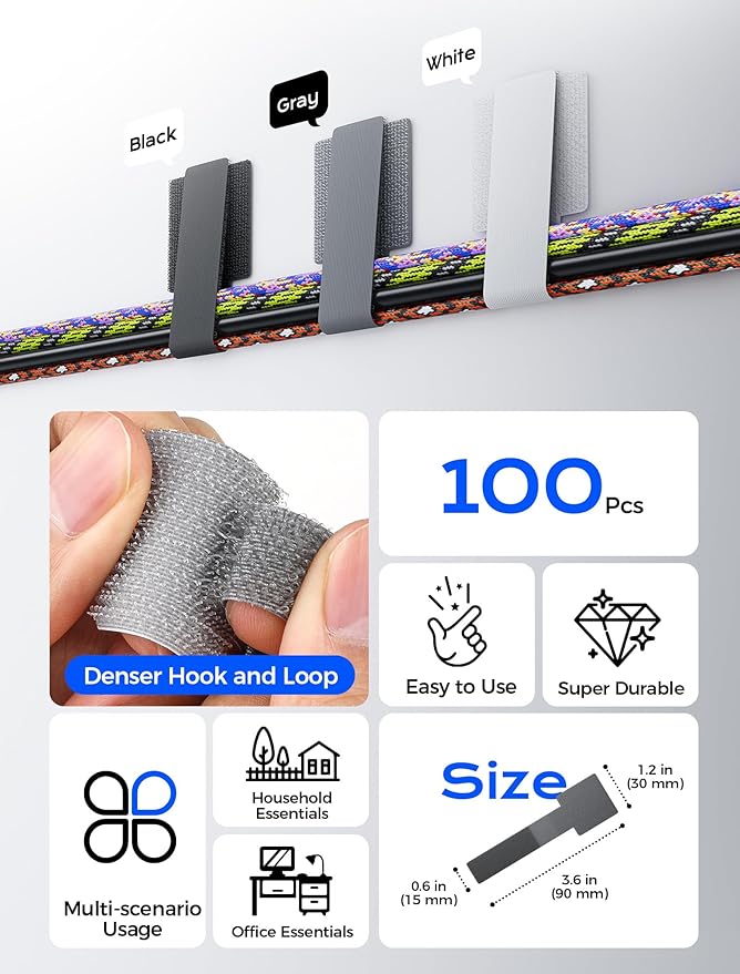 100pcs Hook and Loop Cable Ties, gliship Adhesive Wire Management, Adjustable Cable Straps Cord Wrappers Keeper Cord Holder, Sticky-Back Cord Organizer for Kitchen Appliances at Office, Home - Grey
