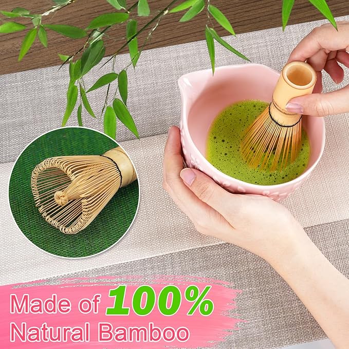 Matcha Whisk Set, Matcha Set 7 Pcs, Ceramic Matcha Bowl with Spout, Bamboo Chasen Whisk & Holder, Scoop, Sifter, Tea Towel, Ideal Gift Christmas, Birthday(Pink)