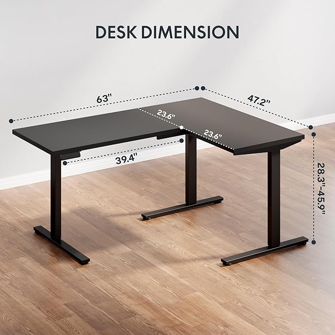 SANODESK L Shaped Standing Desk Adjustable Height, Electric Corner Standing Desk, 63 x 48 inch Sit Stand Computer Table with Splice Board, Black