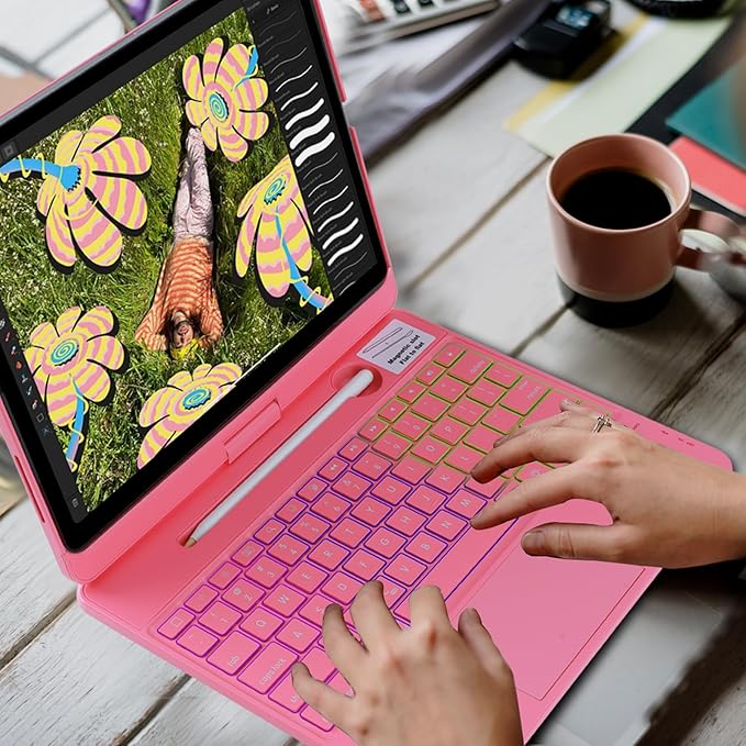 Keyboard Case for iPad Air 13 inch M3 2025&M2 2024, 360 Rotatable Wireless Folio 180 Swivel Stand Hard Cover Auto Sleep/Wake up Pink