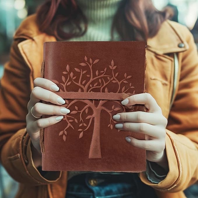 LEATHER VILLAGE Tree of Life Journal - 10 X 7 inches - Red Brown - 200 Antique Deckle Edge Handmade Paper – Book of Shadows - Vintage Leather Bound Journal for Women & Men