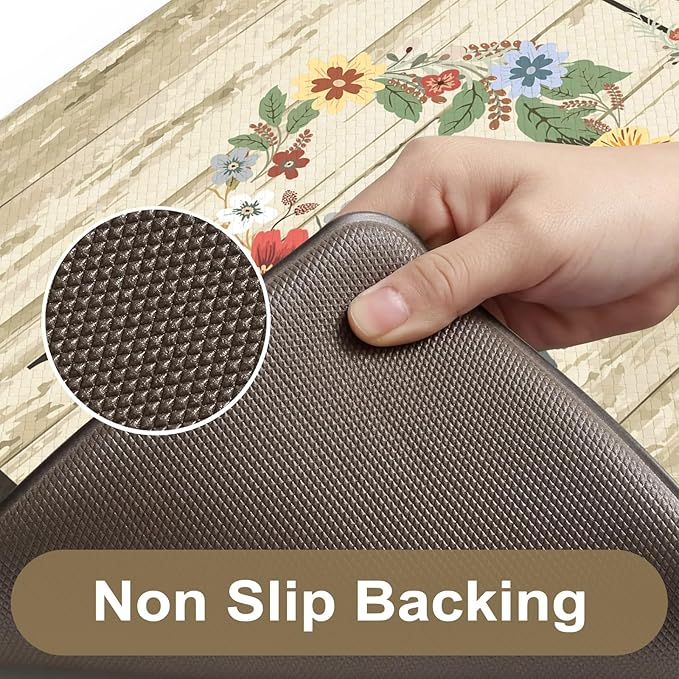 KIMODE Anti Fatigue Kitchen Mats for Floor 2 Piece,Farmhouse Floral Rugs Cushioned,Comfort Memory Foam Carpet Non Slip for Sink Laundry Office Bathroom,Beige 17"x47"+17"x29"