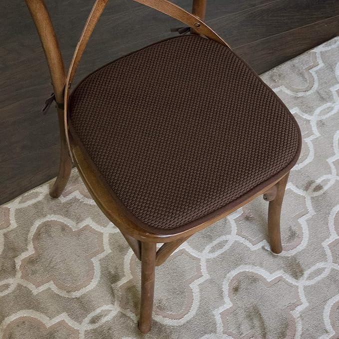 Sweet Home Collection Chair Cushion Memory Foam Pads with Ties Honeycomb Pattern Slip Non Skid Rubber Back Rounded Square 16" x 16" Seat Cover, 4 Pack, Chocolate Brown 4 Pack