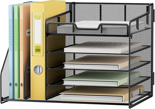 Lavatino Desk Organizer, 5-Tier Metal Mesh Paper Letter Tray with 2 File Holders & 7 Flexible Dividers for Office or Home Desk Organizers and Accessories, Keep Workspace Supplies Neat, Black