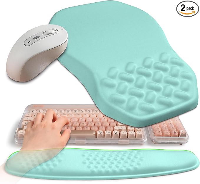 2-in-1 Ergonomic Set, Wave Keyboard Wrist Rest and Massage Slope Mouse Pad Wrist Support, Rebound Memory Foam for Relieve Carpal Tunnel Syndrome and Wrist Pain (Light Blue)