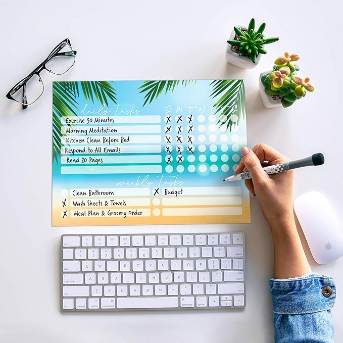 Dry Erase Whiteboard Task Planner | Removable and Restickable Adhesive Decal | Fine-Tip Magnetic Marker Included (9 x 12 inches, Beach)