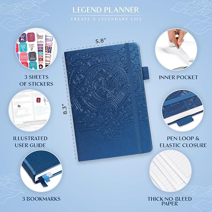 Legend Planner Hourly Schedule Edition – Deluxe Weekly & Daily Organizer with Time Slots. Time Management Appointment Book Journal for Work & Personal Life, Undated, A5 Hardcover – Blue Debossed