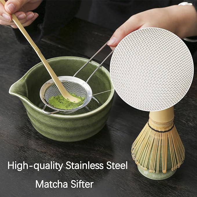 Matcha Set, Matcha Bowl with Spout, Matcha Whisk and Holder, Bamboo matcha Scoop and Stainless Sifter - 5 Pcs Jade Green Matcha Set Kit for Matcha Lover