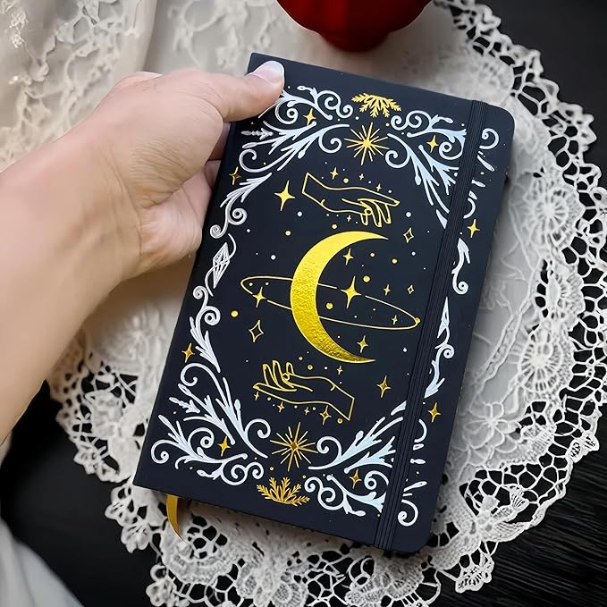 BUKE A5 Dotted Journal – 160gsm Ultra Bamboo Paper, Moon & Star Foil Cover, Flat Lay Notebook with Gift Box – 160 Pages, 5mm Dot Grid, Faux Leather Hardcover (Black)