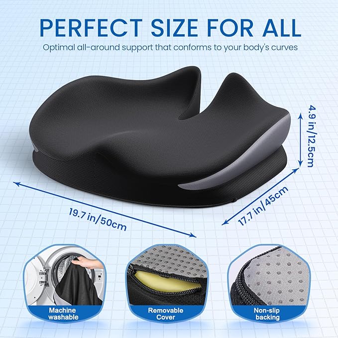 Benazcap Large Seat Cushion for Office Chair Memory Foam Coccyx Pain Relief Cushion Pillow for Back Support Non-Slip Seat Pad