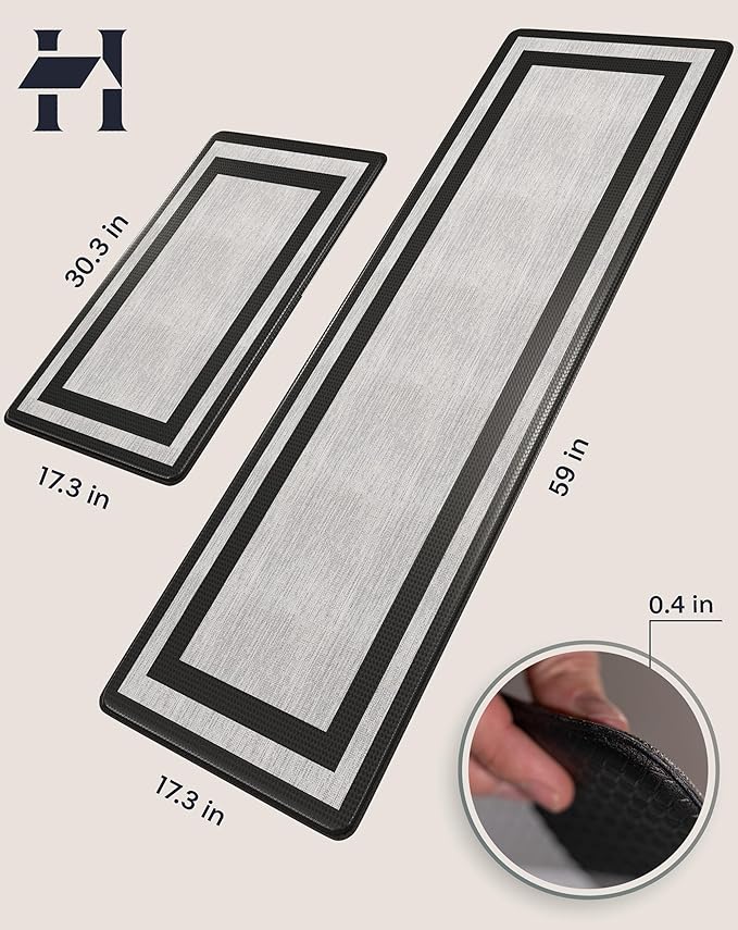 Anti-Fatigue Kitchen Mat Set – 2-Piece Memory Foam Cushioned Mats for Standing – Fabric Black, 18×30 & 18×60, 0.4 in Thick, Waterproof, Non-Slip – Homergy