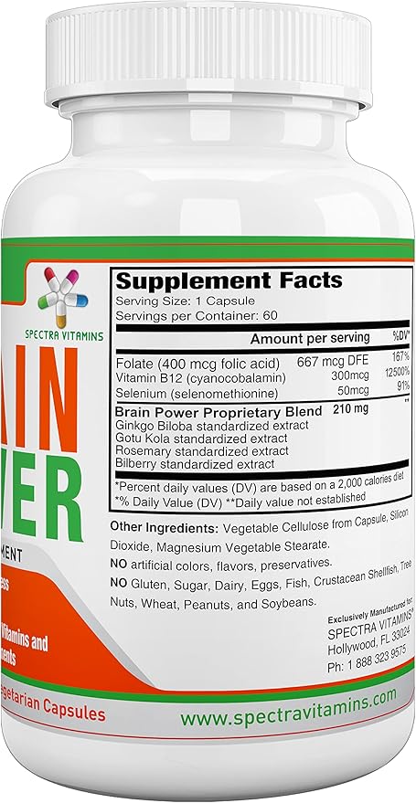 Spectra Vitamins Brain Power, Supports Focus, Nootropics, Improves Memory, Alertness for Men & Women, Ginkgo Biloba, Gotu Kola, 60 Capsules,