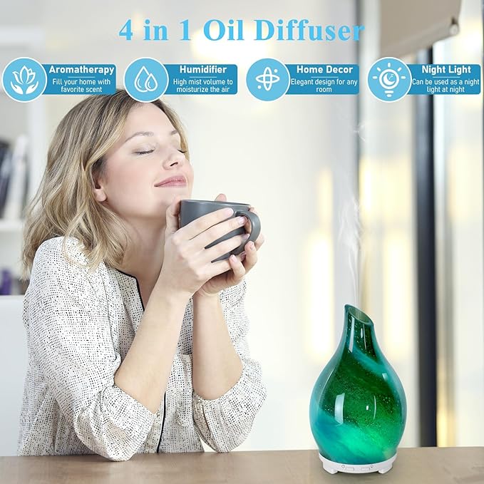 Essential Oil Diffuser 120ML Glass Ultrasonic Aromatherapy Oil Diffuser-Aroma Humidifier Glass Diffuser,7 Color Changing Light Waterless Auto-Off-Ultra-Quiet for Sleeping Yoga Home Office and Spa